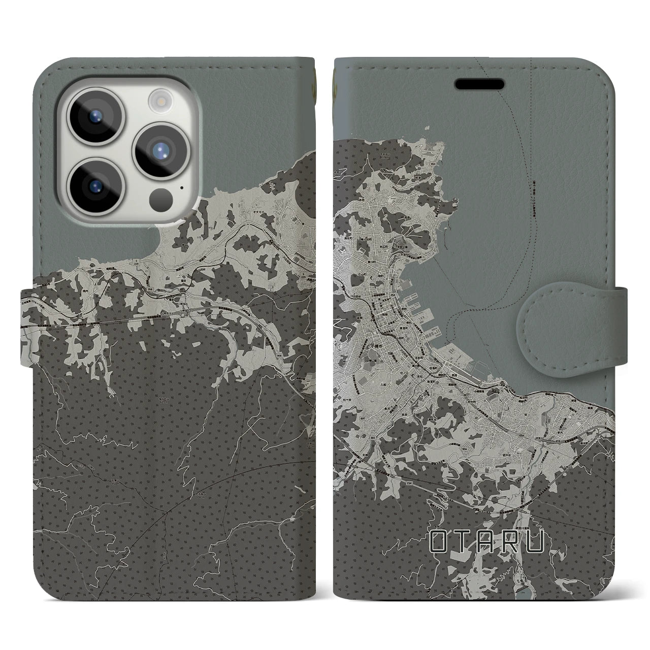 【小樽(北海道)】地図柄iPhoneケース(手帳タイプ)モノトーン・iPhone 15 Pro 用