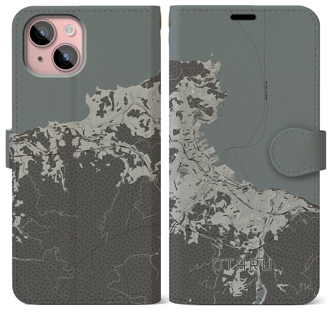 【小樽(北海道)】地図柄iPhoneケース(手帳タイプ)モノトーン・iPhone 15 Plus 用