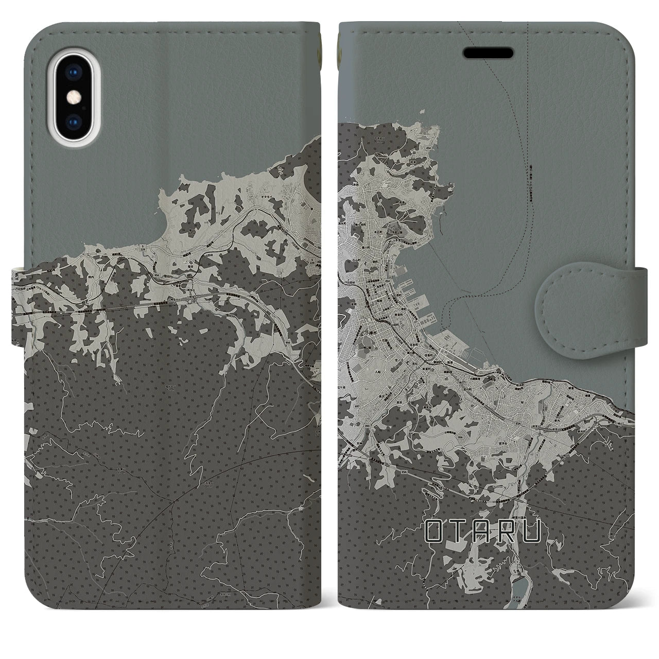 【小樽(北海道)】地図柄iPhoneケース(手帳タイプ)モノトーン・iPhone XS Max 用