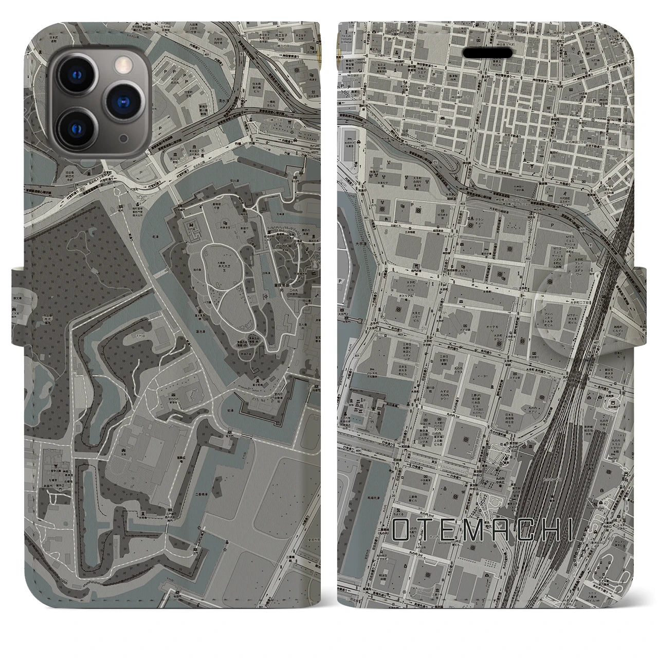 【大手町(東京都)】地図柄iPhoneケース(手帳タイプ)モノトーン・iPhone 11 Pro Max 用