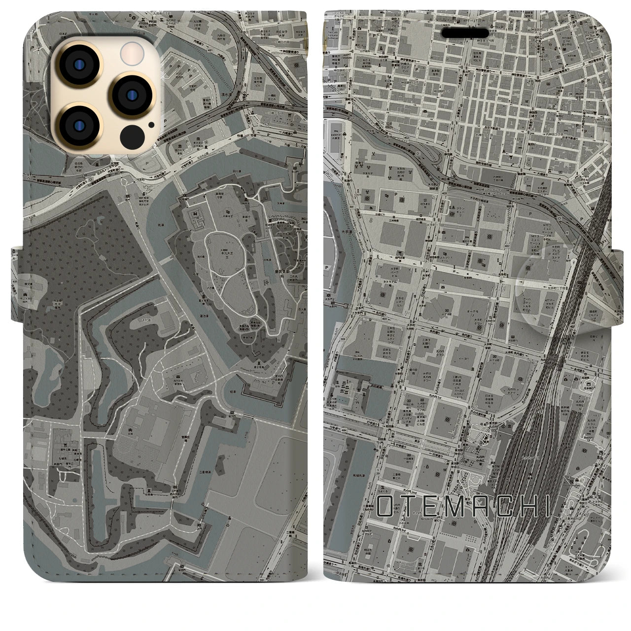 【大手町(東京都)】地図柄iPhoneケース(手帳タイプ)モノトーン・iPhone 12 Pro Max 用