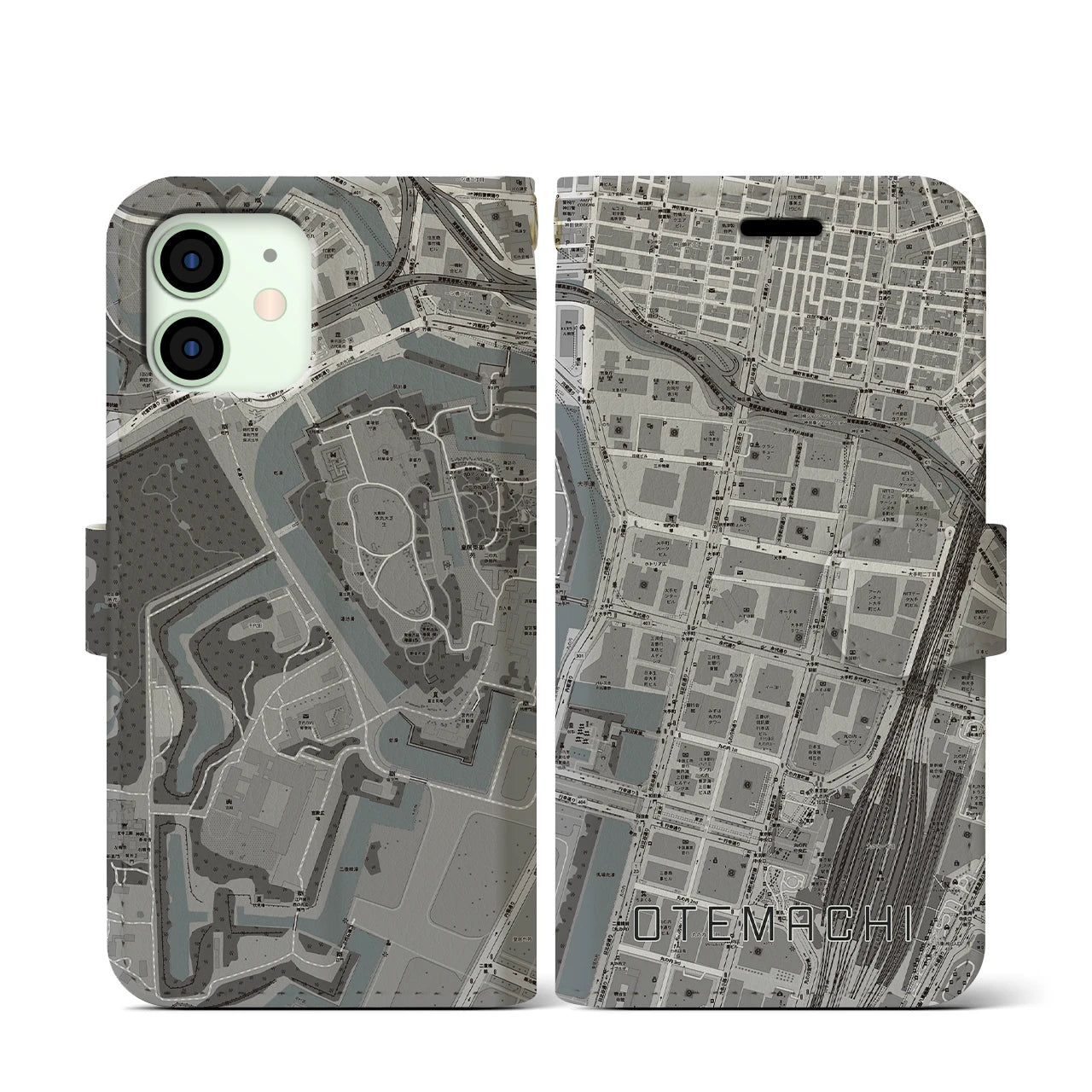 【大手町(東京都)】地図柄iPhoneケース(手帳タイプ)モノトーン・iPhone 12 mini 用