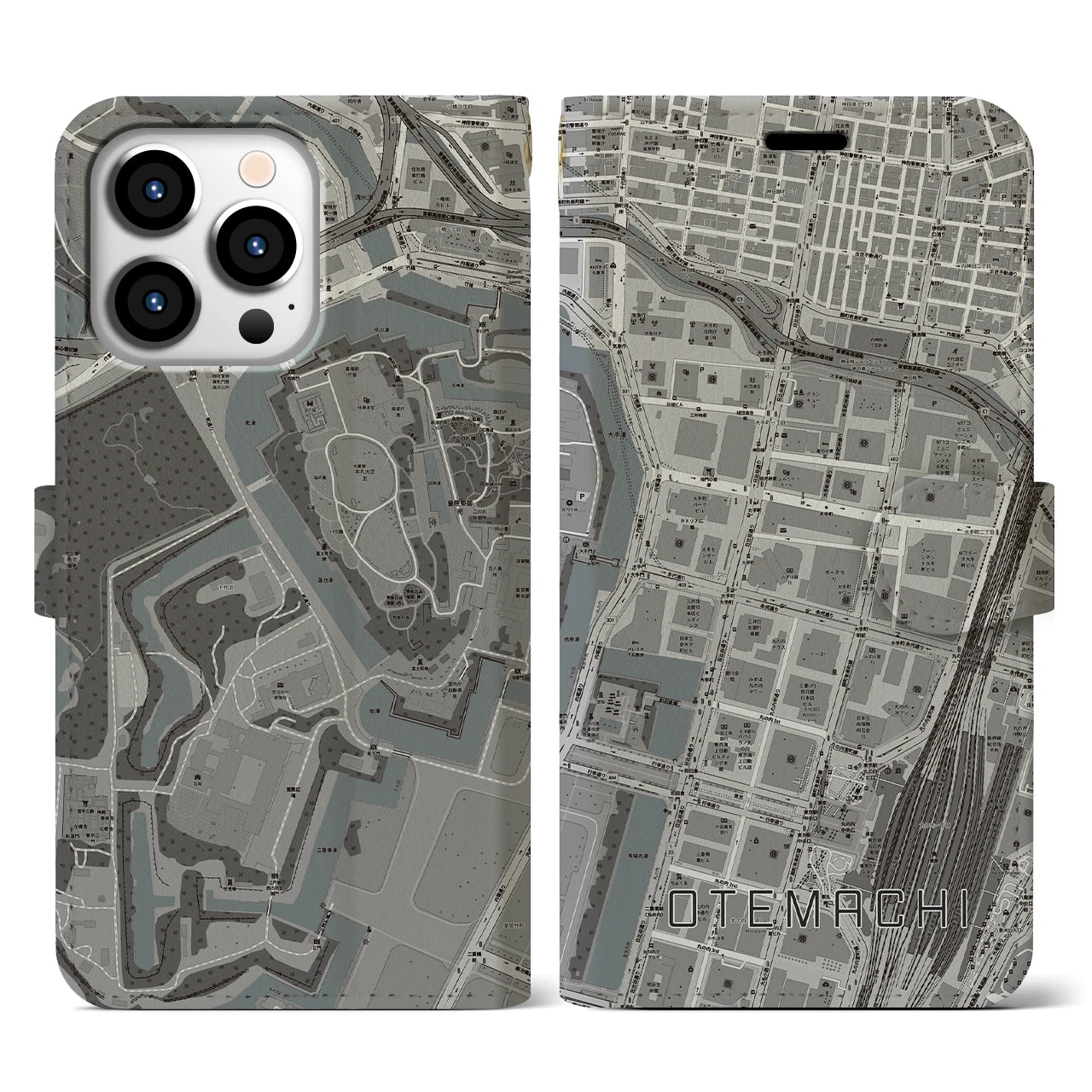 【大手町(東京都)】地図柄iPhoneケース(手帳タイプ)モノトーン・iPhone 13 Pro 用
