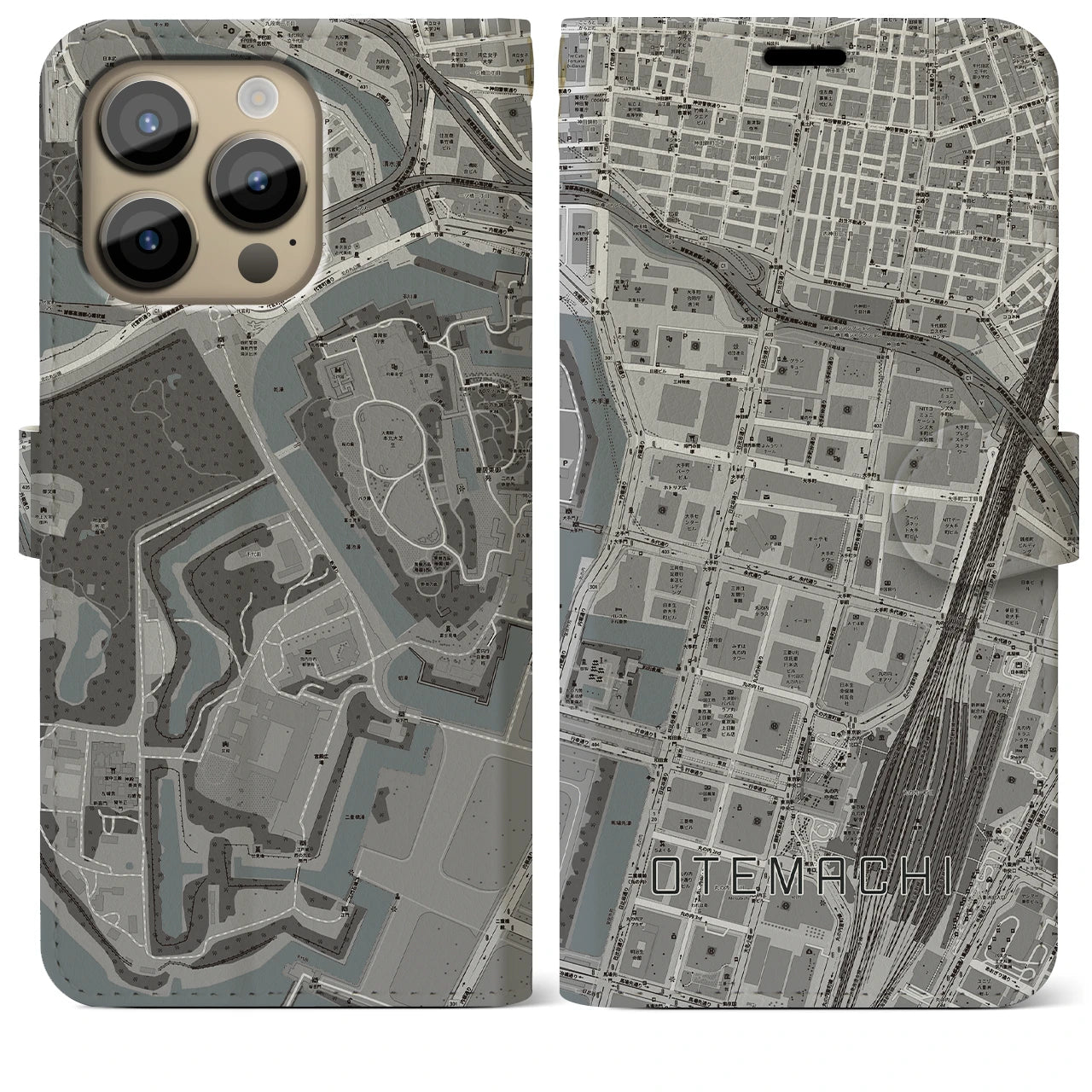 【大手町(東京都)】地図柄iPhoneケース(手帳タイプ)モノトーン・iPhone 14 Pro Max 用
