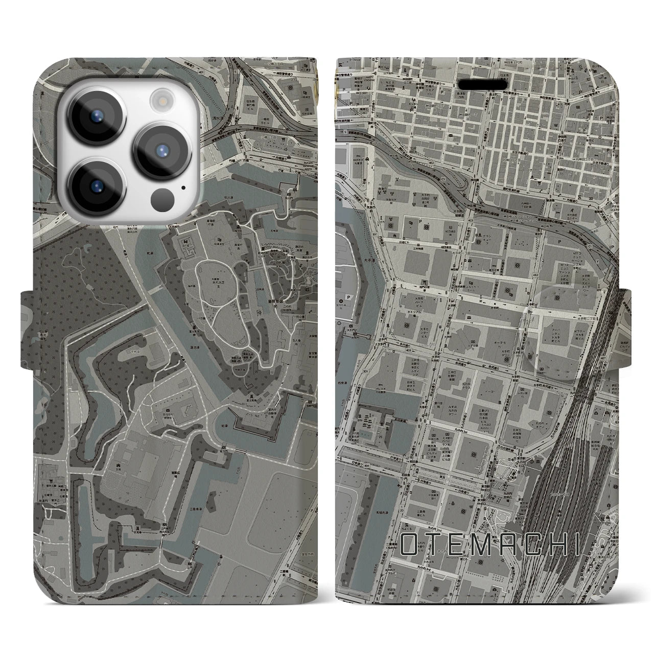 【大手町(東京都)】地図柄iPhoneケース(手帳タイプ)モノトーン・iPhone 14 Pro 用
