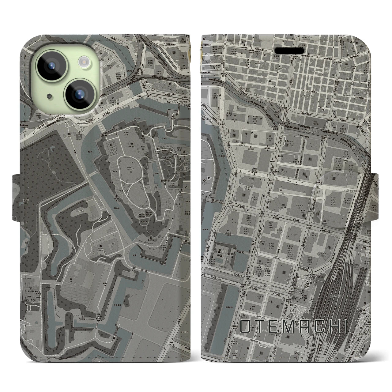 【大手町(東京都)】地図柄iPhoneケース(手帳タイプ)モノトーン・iPhone 15 用