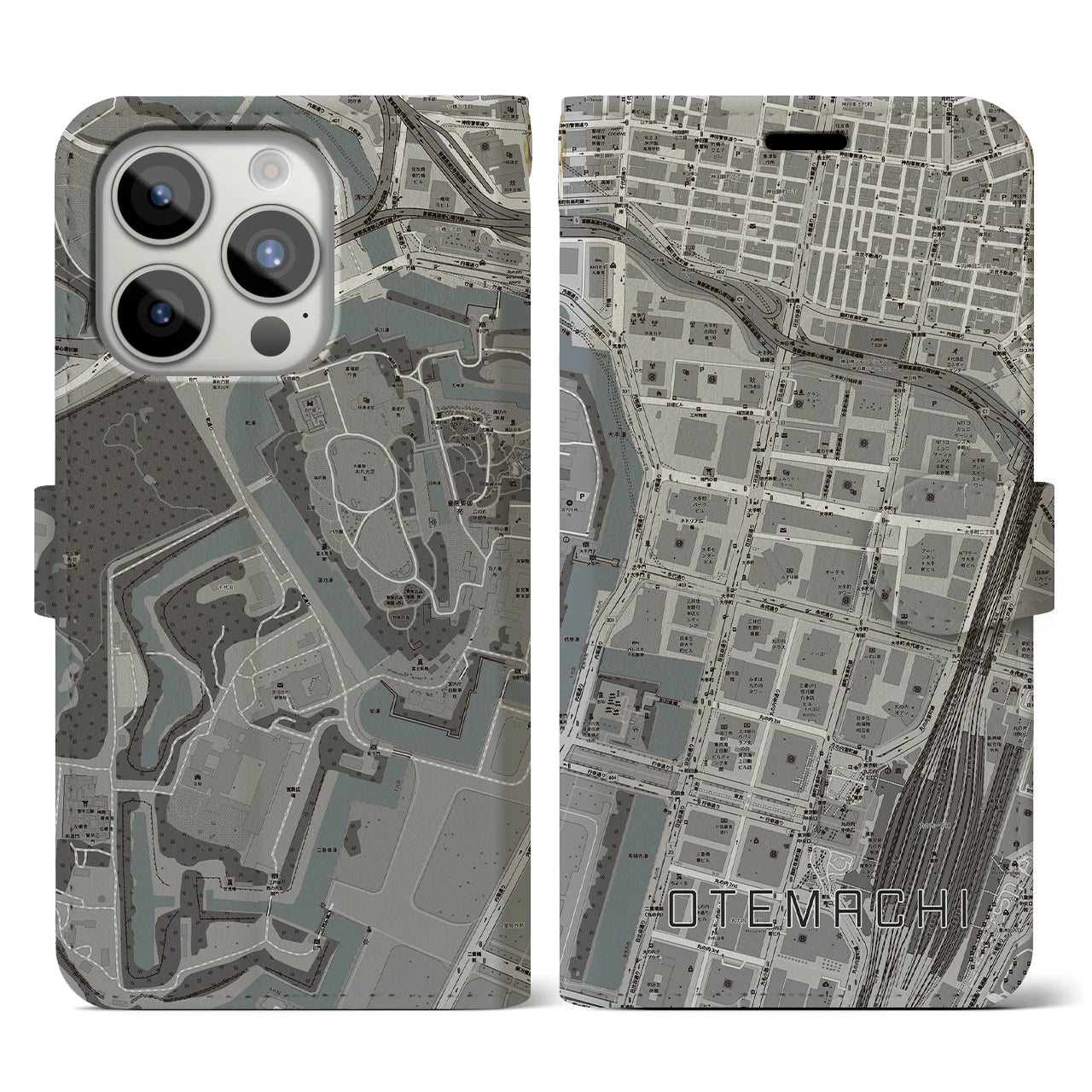 【大手町(東京都)】地図柄iPhoneケース(手帳タイプ)モノトーン・iPhone 15 Pro 用