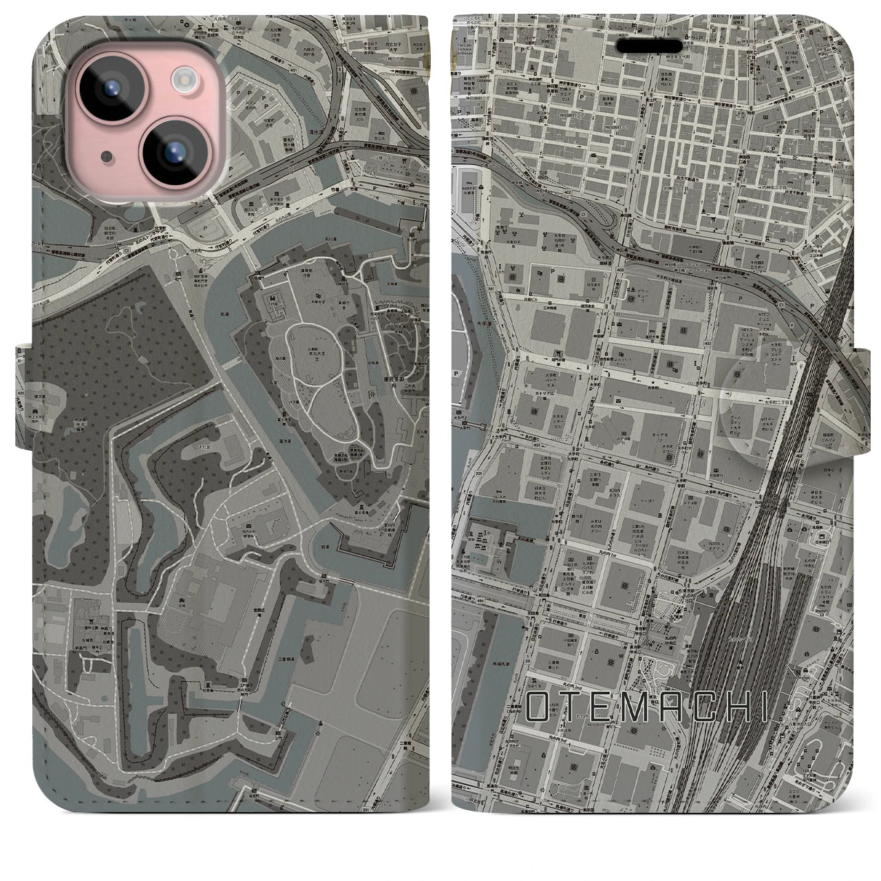 【大手町(東京都)】地図柄iPhoneケース(手帳タイプ)モノトーン・iPhone 15 Plus 用