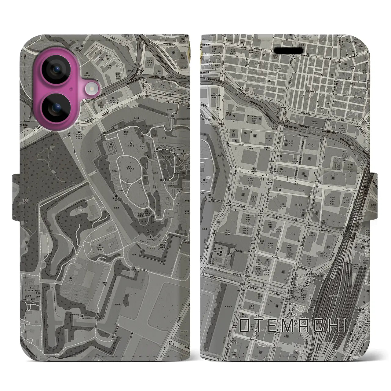 【大手町(東京都)】地図柄iPhoneケース(手帳タイプ)モノトーン・iPhone 16 Pro 用