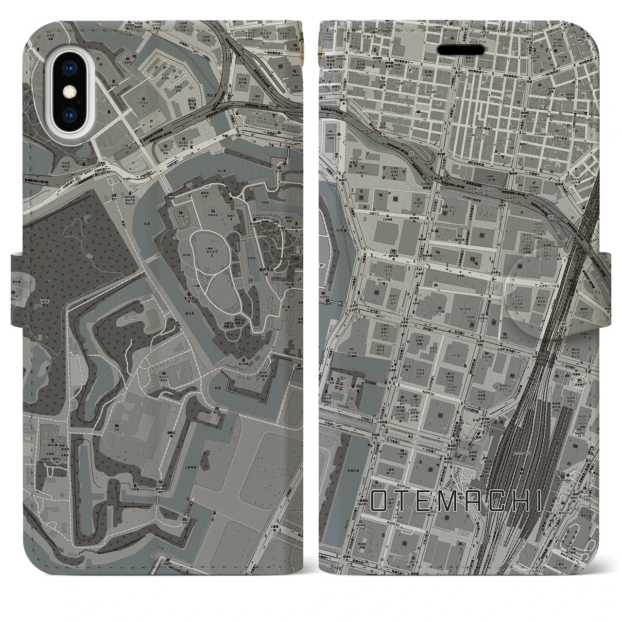 【大手町(東京都)】地図柄iPhoneケース(手帳タイプ)モノトーン・iPhone XS Max 用