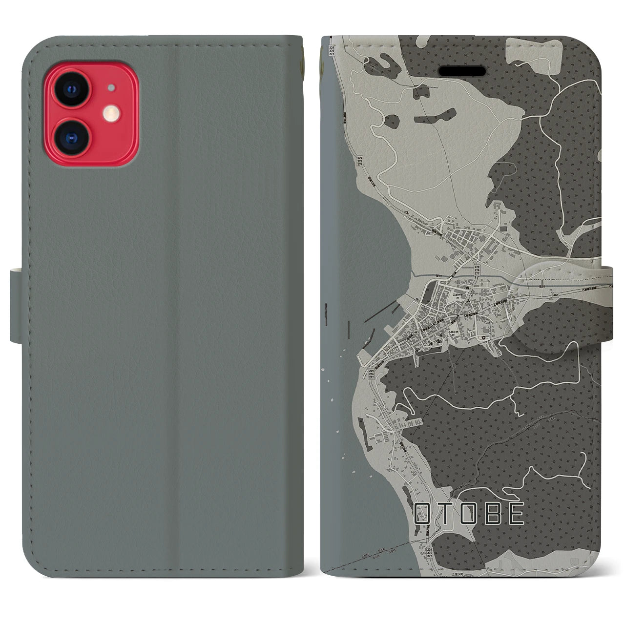 【乙部(北海道)】地図柄iPhoneケース(手帳タイプ)モノトーン・iPhone 11 用