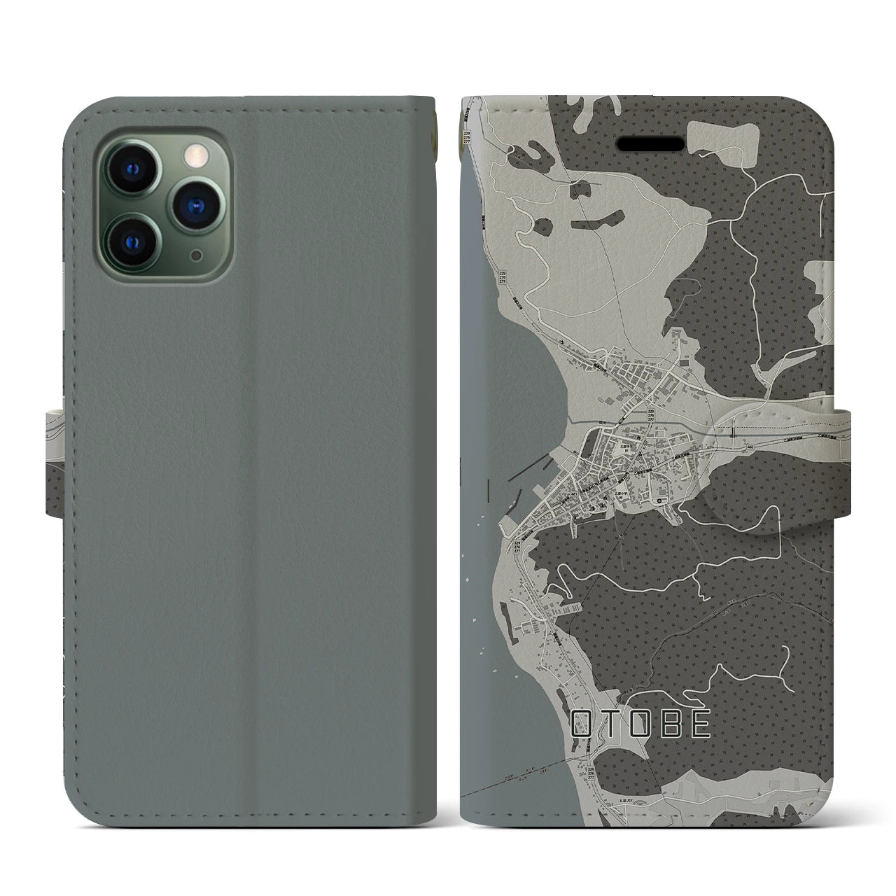 【乙部(北海道)】地図柄iPhoneケース(手帳タイプ)モノトーン・iPhone 11 Pro 用