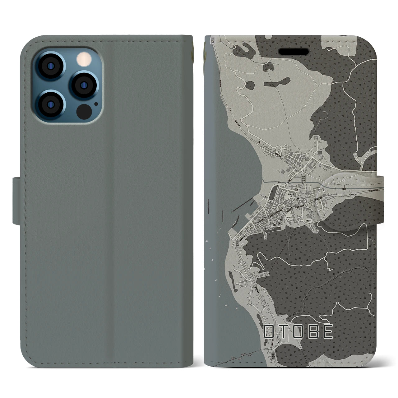 【乙部(北海道)】地図柄iPhoneケース(手帳タイプ)モノトーン・iPhone 12 / 12 Pro 用