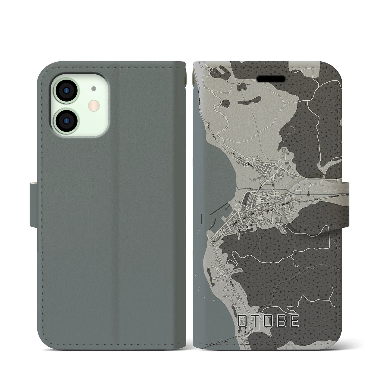 【乙部(北海道)】地図柄iPhoneケース(手帳タイプ)モノトーン・iPhone 12 mini 用
