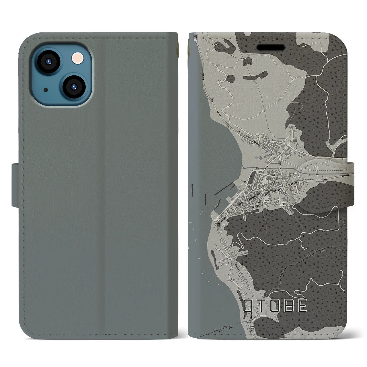【乙部(北海道)】地図柄iPhoneケース(手帳タイプ)モノトーン・iPhone 13 用