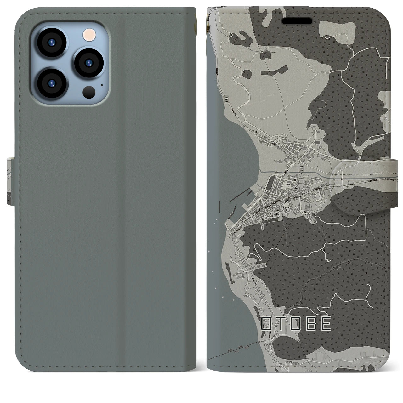 【乙部(北海道)】地図柄iPhoneケース(手帳タイプ)モノトーン・iPhone 13 Pro Max 用