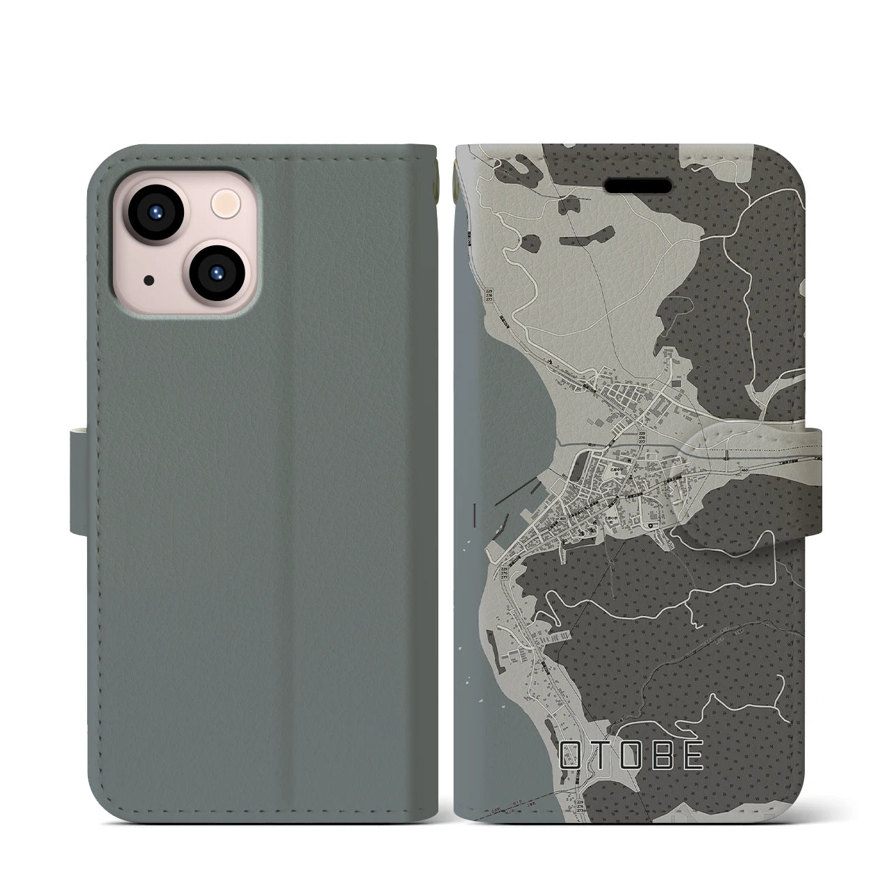 【乙部(北海道)】地図柄iPhoneケース(手帳タイプ)モノトーン・iPhone 13 mini 用