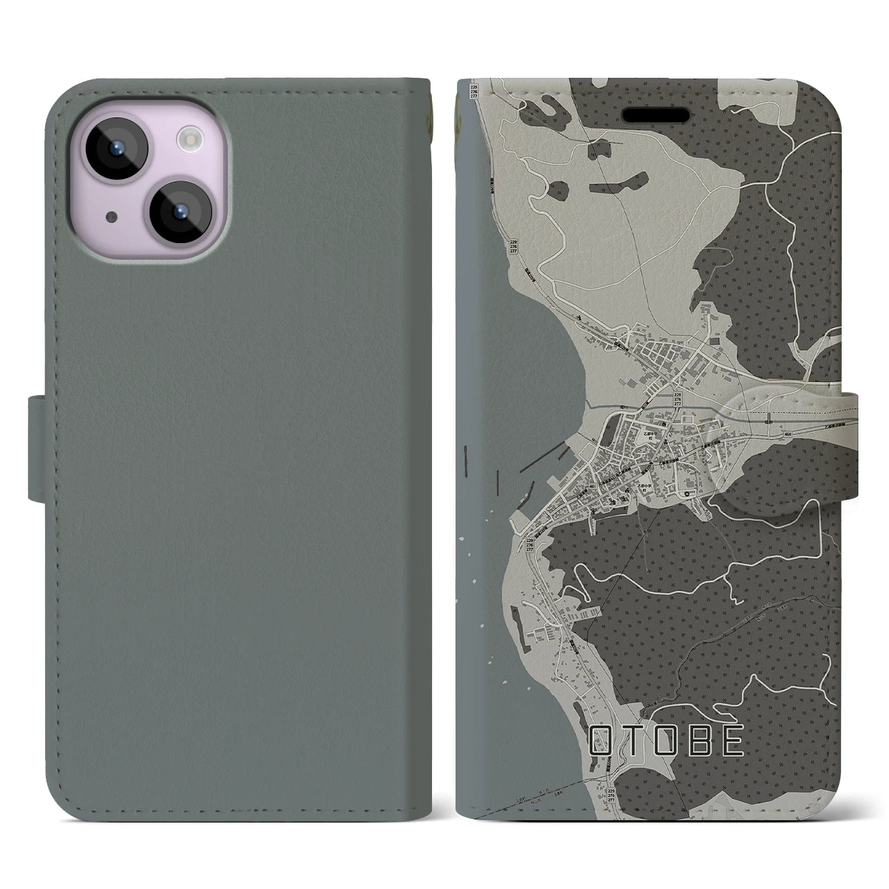【乙部(北海道)】地図柄iPhoneケース(手帳タイプ)モノトーン・iPhone 14 用
