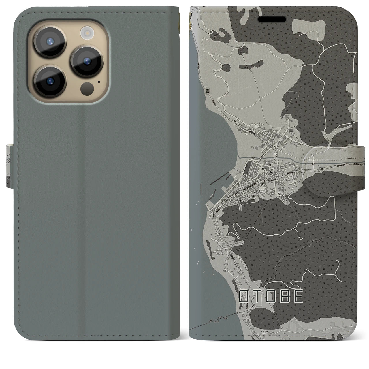 【乙部(北海道)】地図柄iPhoneケース(手帳タイプ)モノトーン・iPhone 14 Pro Max 用