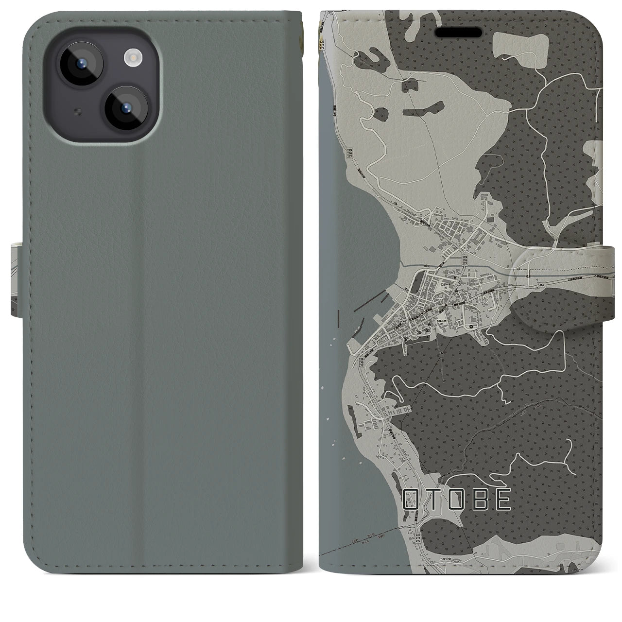 【乙部(北海道)】地図柄iPhoneケース(手帳タイプ)モノトーン・iPhone 14 Plus 用