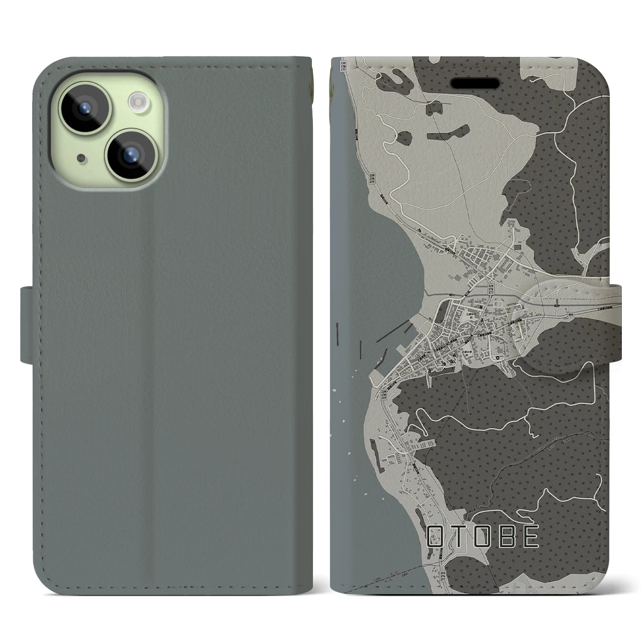 【乙部(北海道)】地図柄iPhoneケース(手帳タイプ)モノトーン・iPhone 15 用