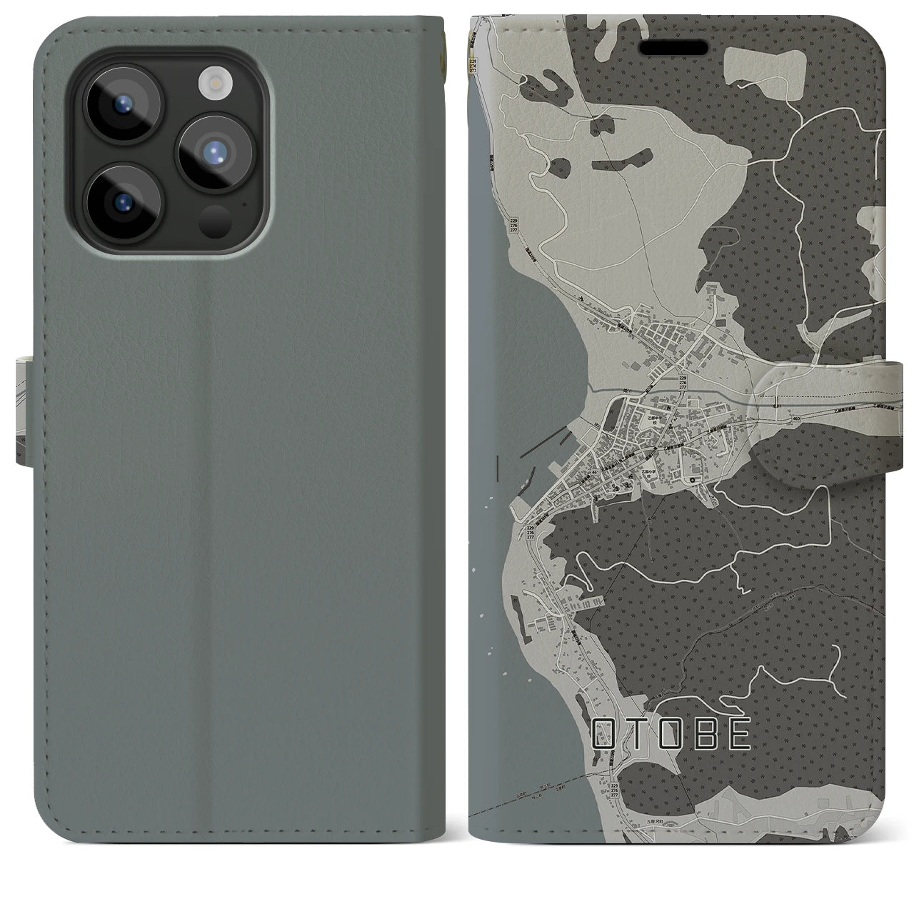 【乙部(北海道)】地図柄iPhoneケース(手帳タイプ)モノトーン・iPhone 15 Pro Max 用