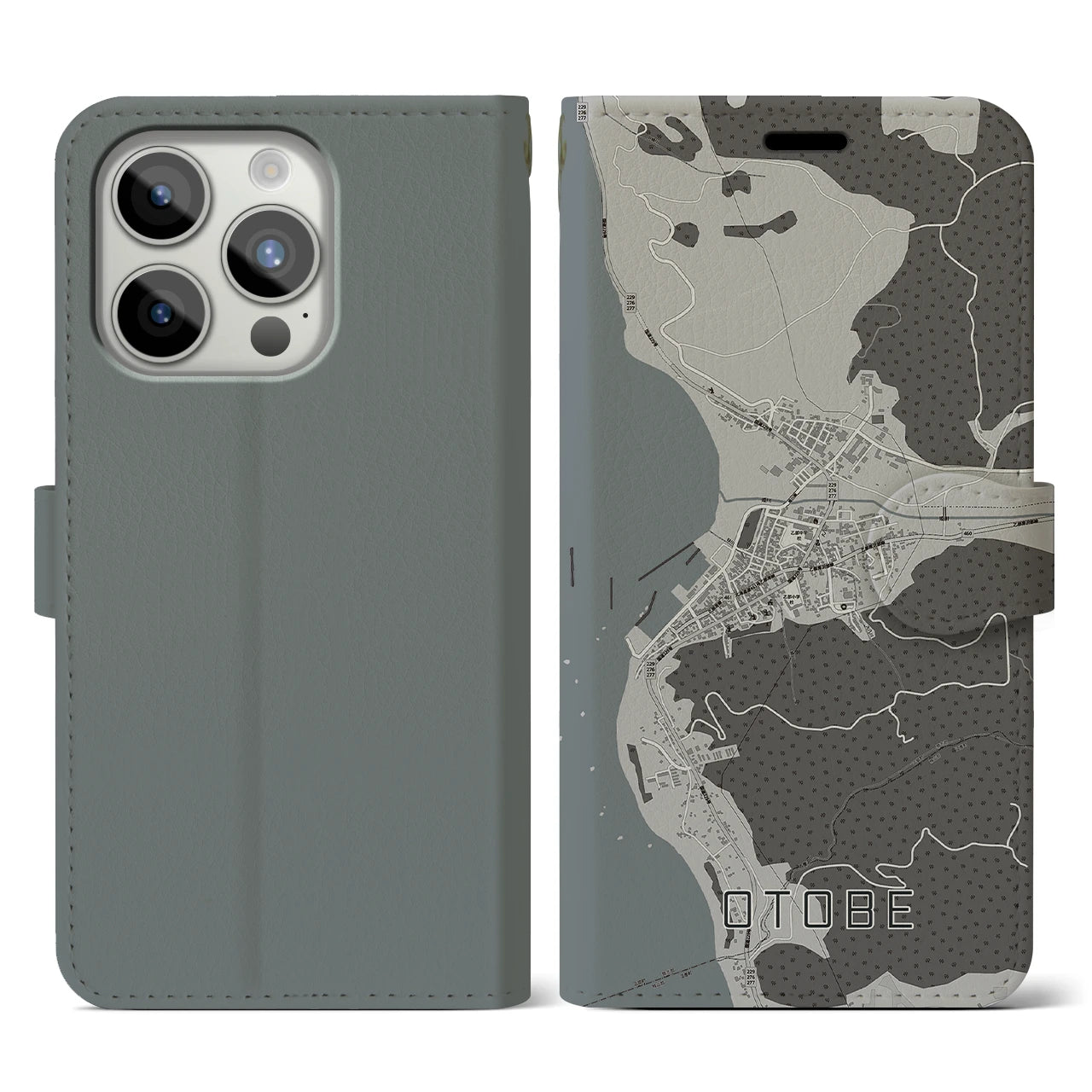 【乙部(北海道)】地図柄iPhoneケース(手帳タイプ)モノトーン・iPhone 15 Pro 用