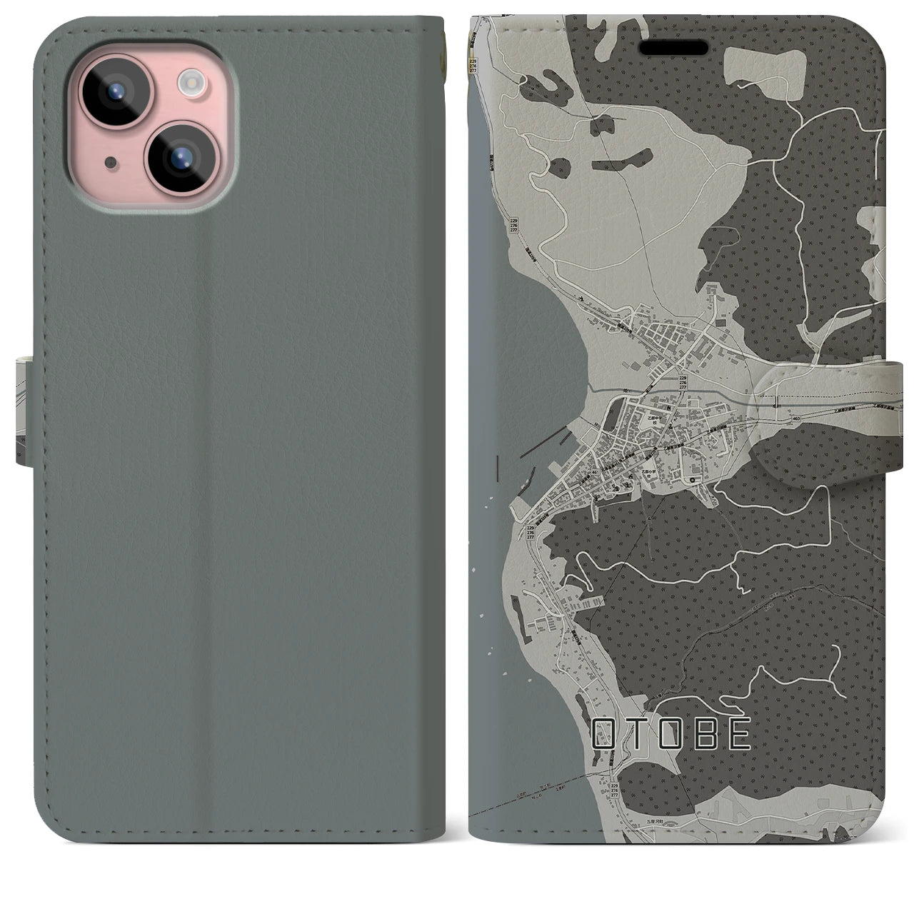 【乙部(北海道)】地図柄iPhoneケース(手帳タイプ)モノトーン・iPhone 15 Plus 用