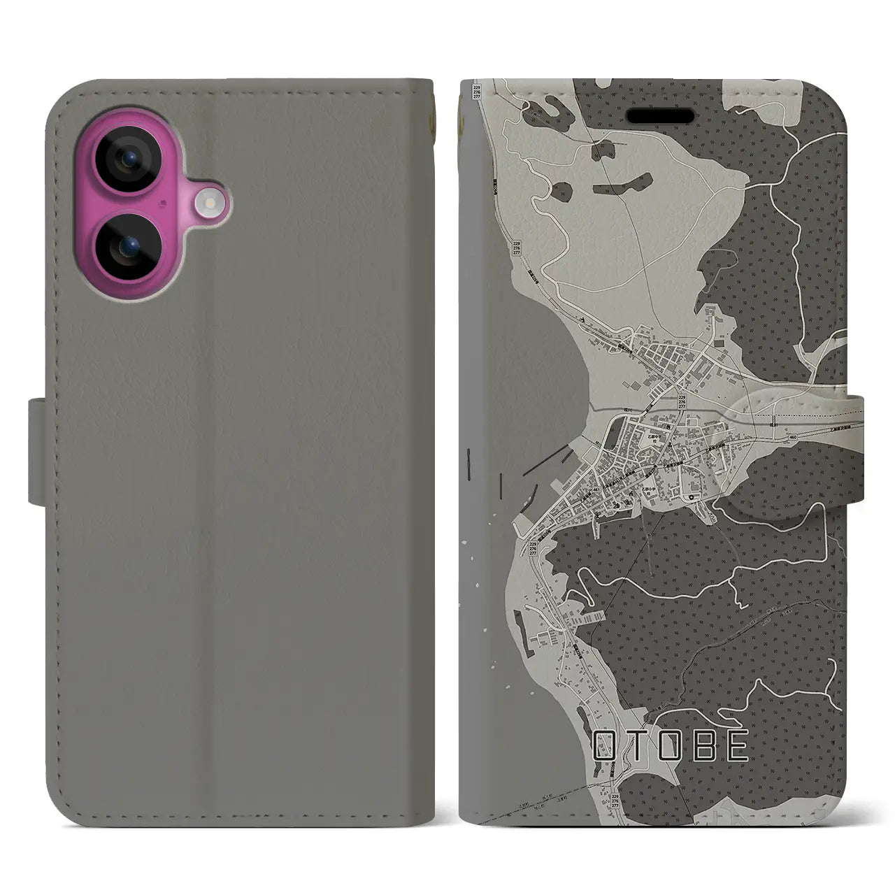 【乙部(北海道)】地図柄iPhoneケース(手帳タイプ)モノトーン・iPhone 16 Pro 用
