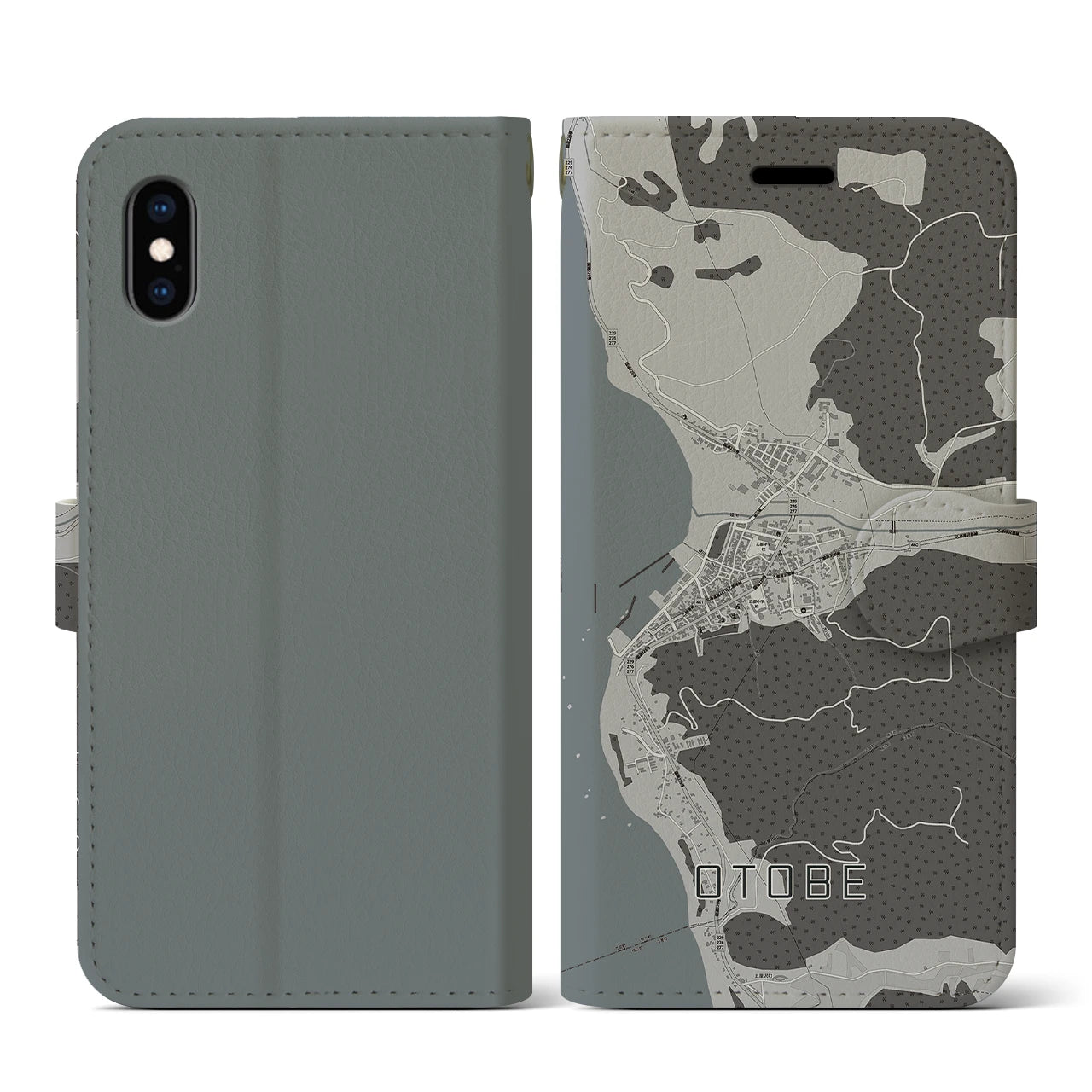 【乙部(北海道)】地図柄iPhoneケース(手帳タイプ)モノトーン・iPhone XS / X 用