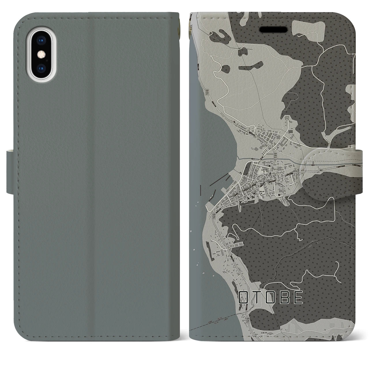 【乙部(北海道)】地図柄iPhoneケース(手帳タイプ)モノトーン・iPhone XS Max 用