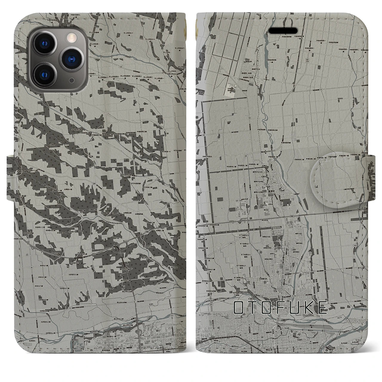 【音更(北海道)】地図柄iPhoneケース(手帳タイプ)モノトーン・iPhone 11 Pro Max 用