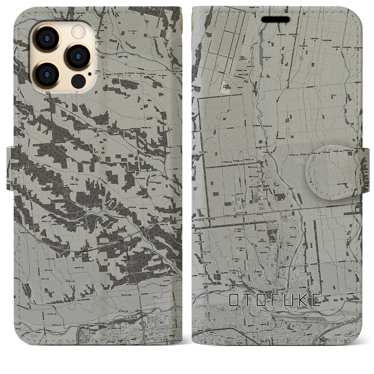 【音更(北海道)】地図柄iPhoneケース(手帳タイプ)モノトーン・iPhone 12 Pro Max 用