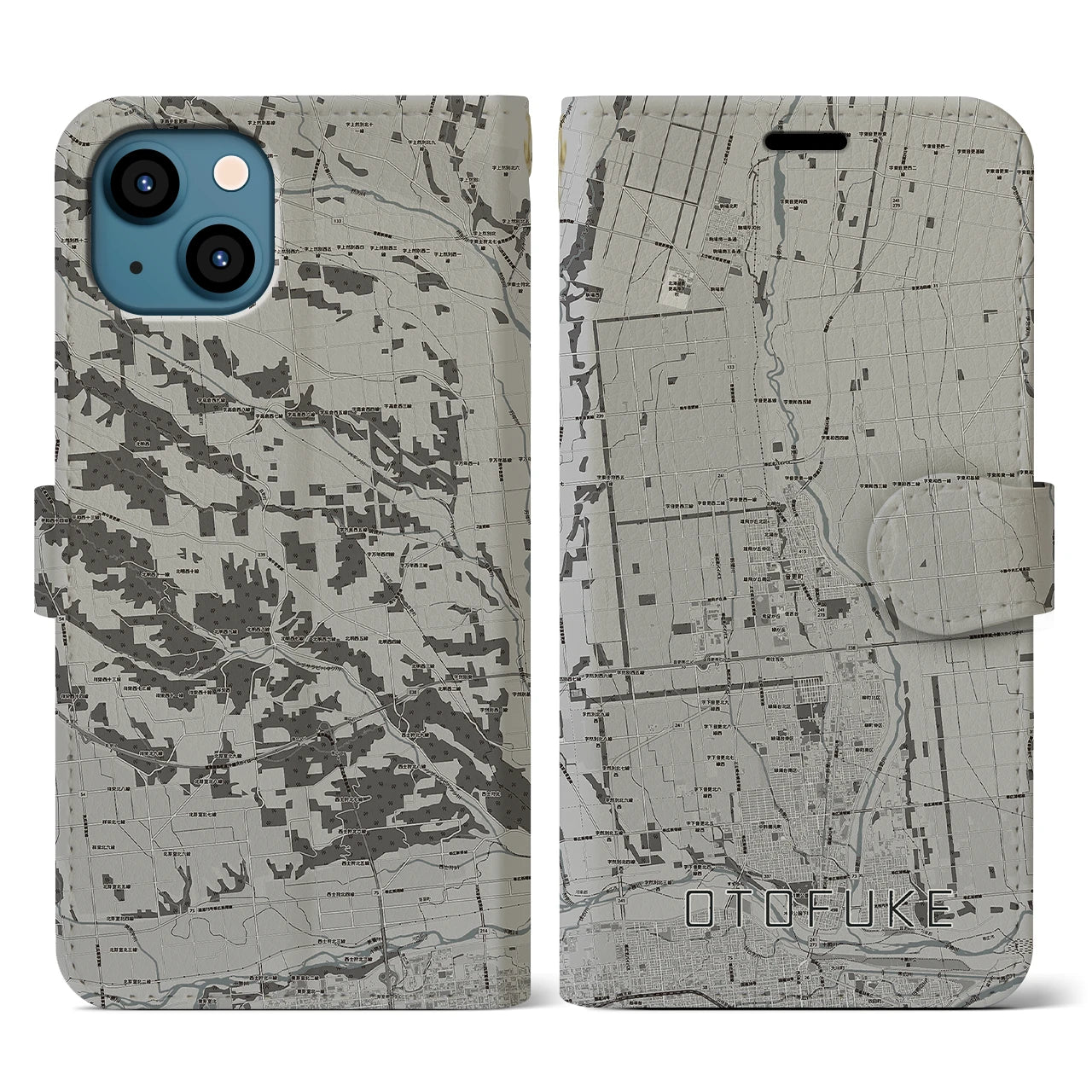 【音更(北海道)】地図柄iPhoneケース(手帳タイプ)モノトーン・iPhone 13 用