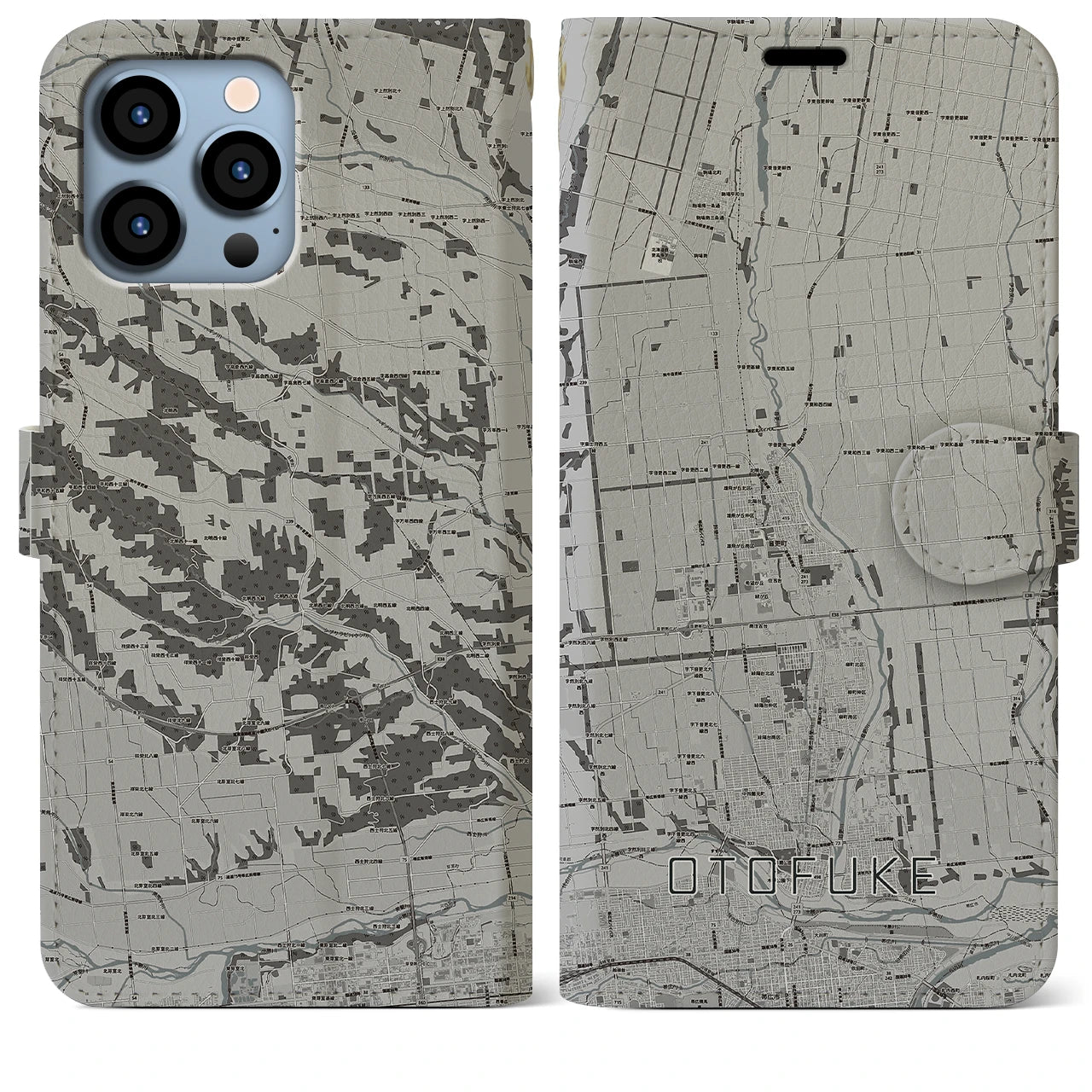 【音更(北海道)】地図柄iPhoneケース(手帳タイプ)モノトーン・iPhone 13 Pro Max 用