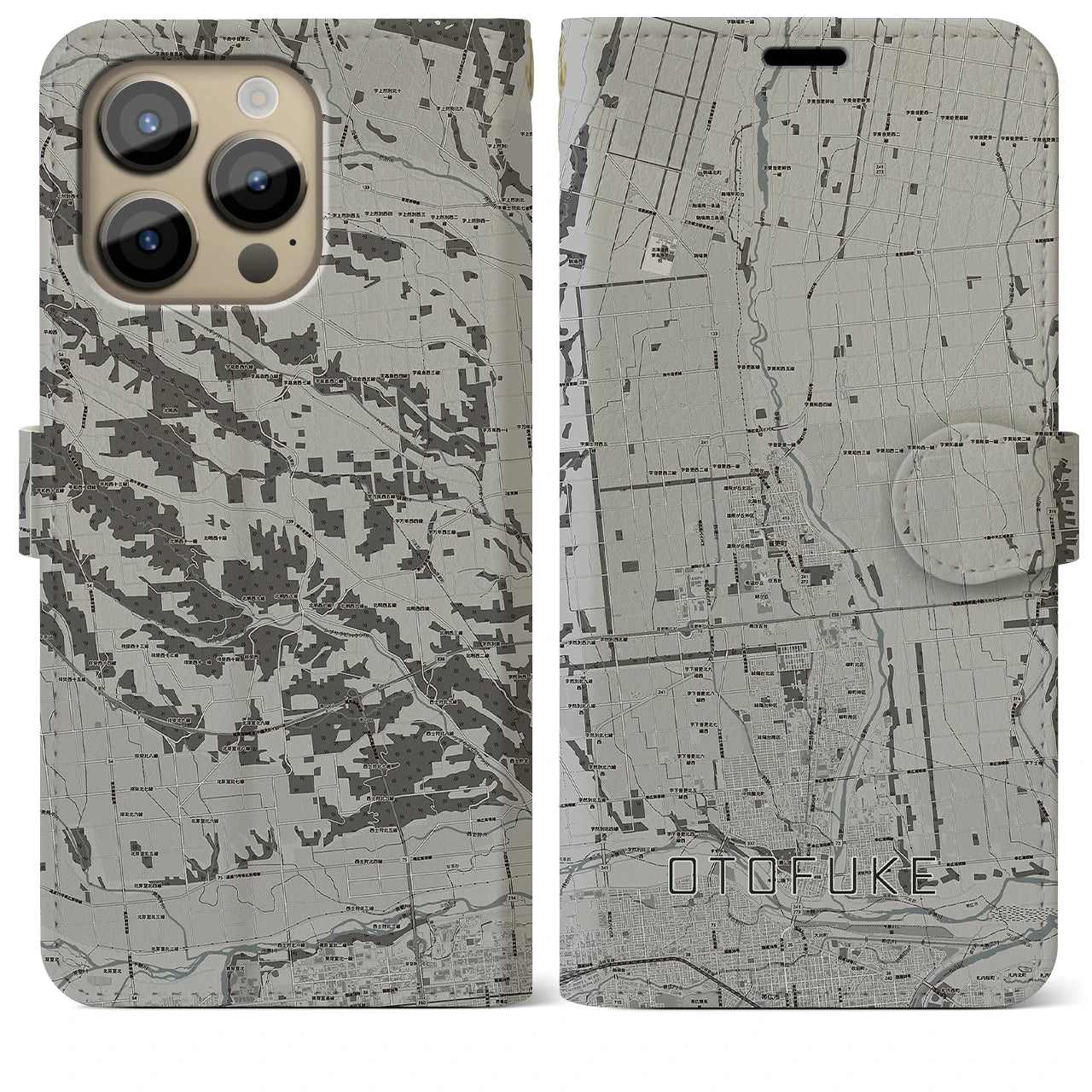 【音更(北海道)】地図柄iPhoneケース(手帳タイプ)モノトーン・iPhone 14 Pro Max 用