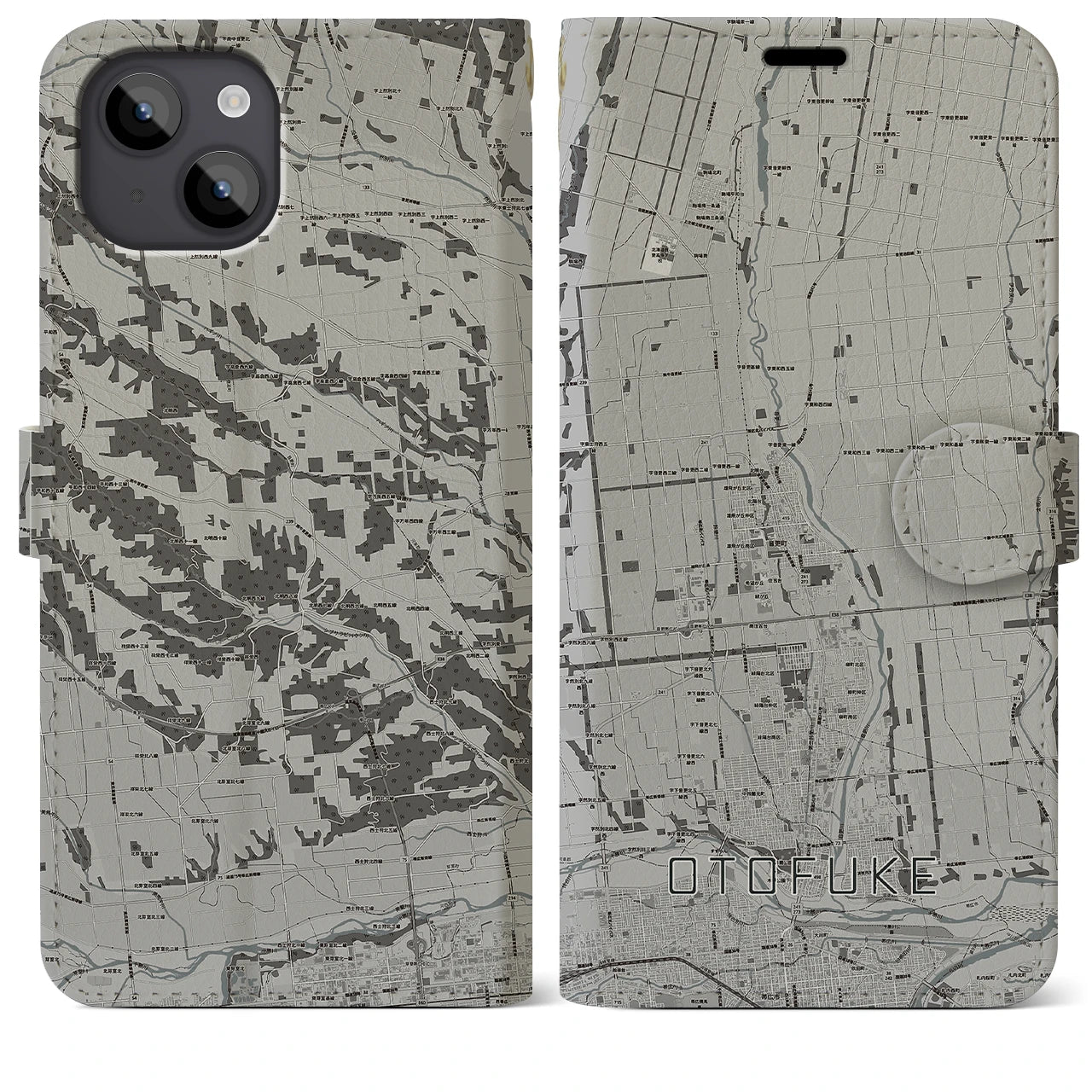 【音更(北海道)】地図柄iPhoneケース(手帳タイプ)モノトーン・iPhone 14 Plus 用