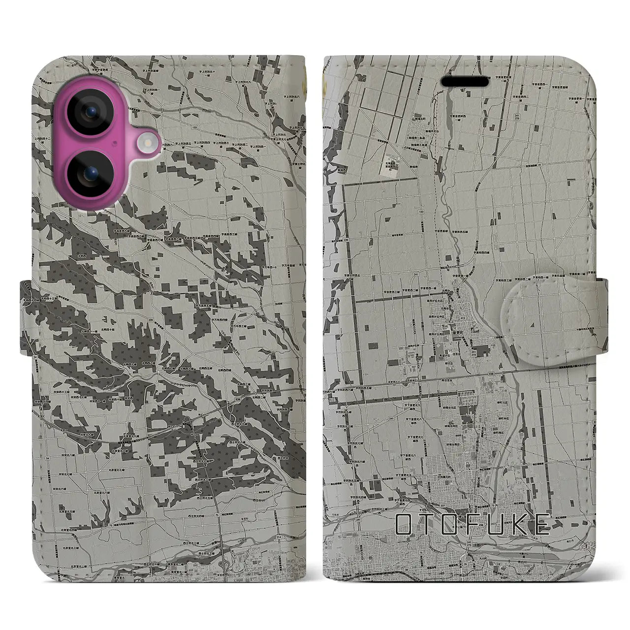 【音更(北海道)】地図柄iPhoneケース(手帳タイプ)モノトーン・iPhone 16 Pro 用