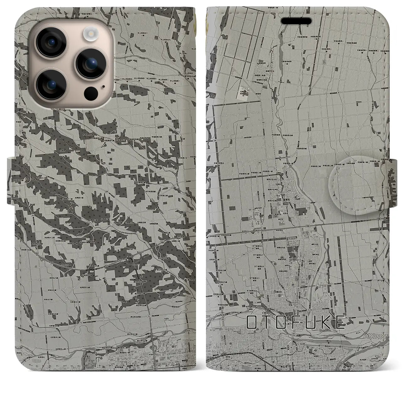 【音更(北海道)】地図柄iPhoneケース(手帳タイプ)モノトーン・iPhone 16 Plus 用