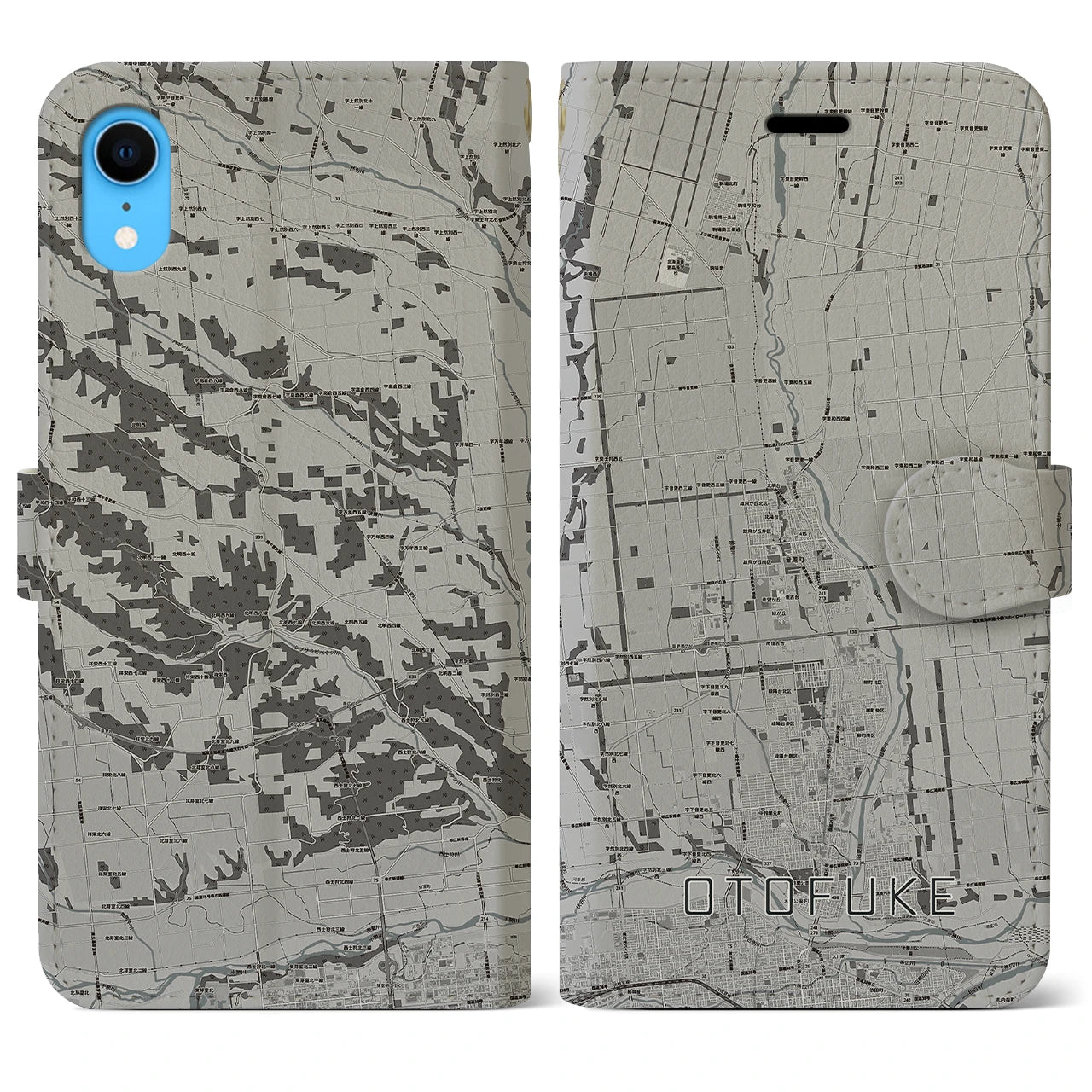 【音更(北海道)】地図柄iPhoneケース(手帳タイプ)モノトーン・iPhone XR 用