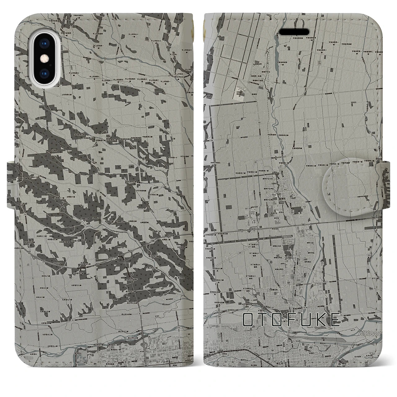 【音更(北海道)】地図柄iPhoneケース(手帳タイプ)モノトーン・iPhone XS Max 用