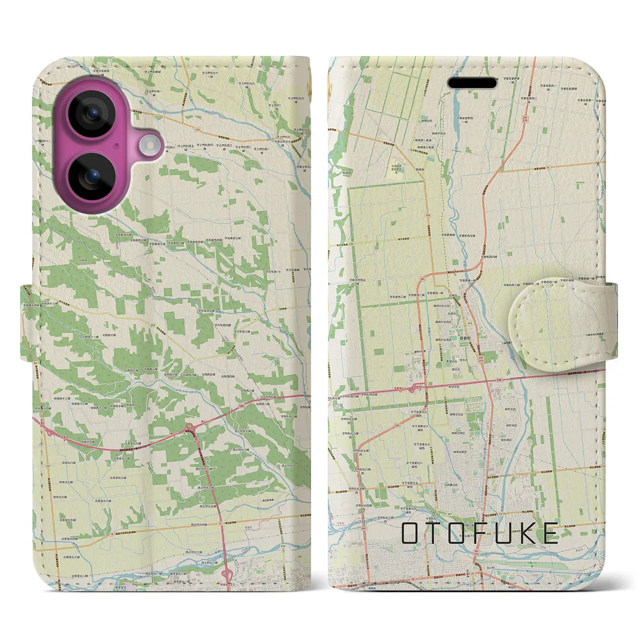 【音更(北海道)】地図柄iPhoneケース(手帳タイプ)ナチュラル・iPhone 16 Pro 用