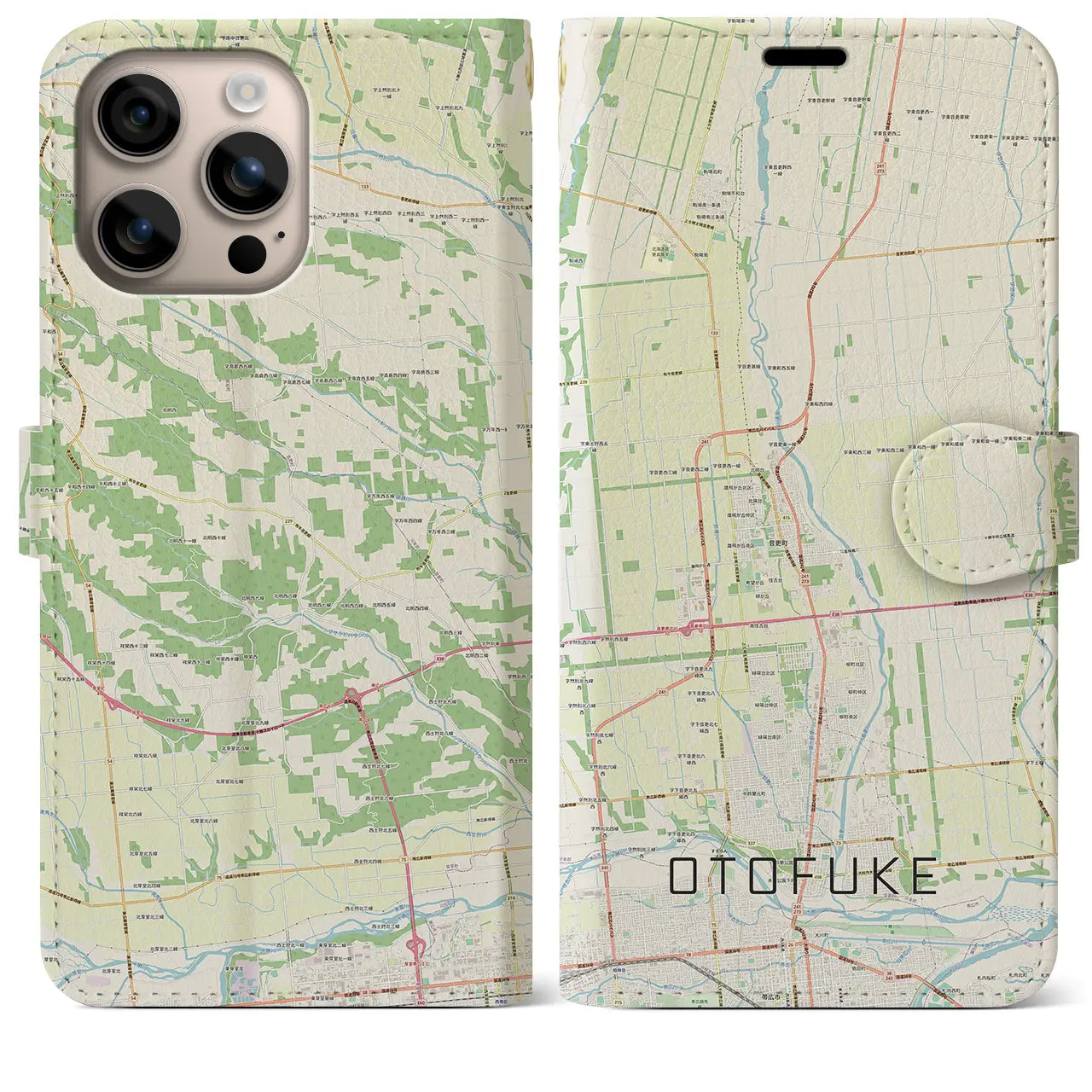 【音更(北海道)】地図柄iPhoneケース(手帳タイプ)ナチュラル・iPhone 16 Plus 用