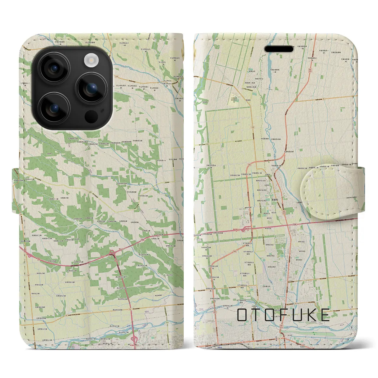 【音更(北海道)】地図柄iPhoneケース(手帳タイプ)ナチュラル・iPhone 16 用