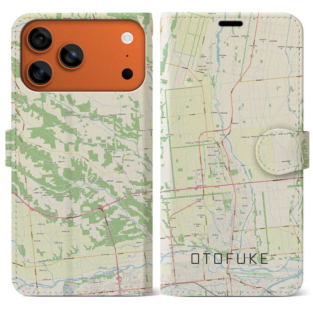 【音更(北海道)】地図柄iPhoneケース(手帳タイプ)ナチュラル・iPhone 17 Pro Max 用