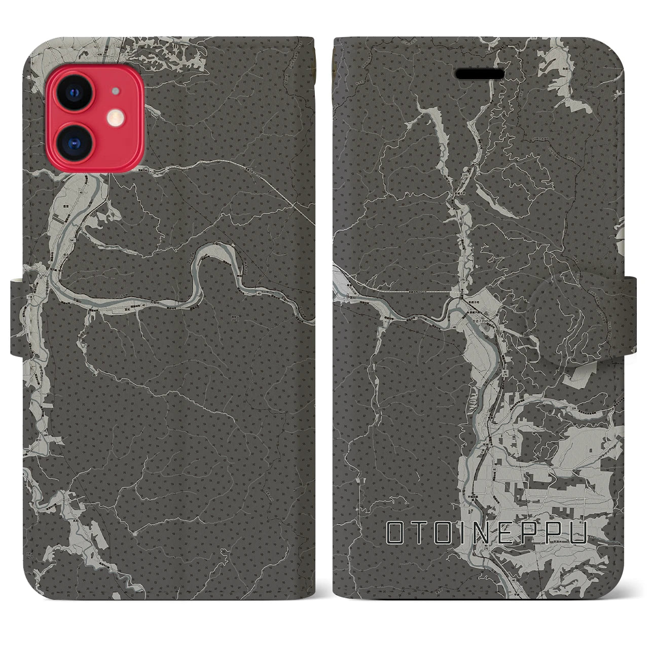 【音威子府(北海道)】地図柄iPhoneケース(手帳タイプ)モノトーン・iPhone 11 用