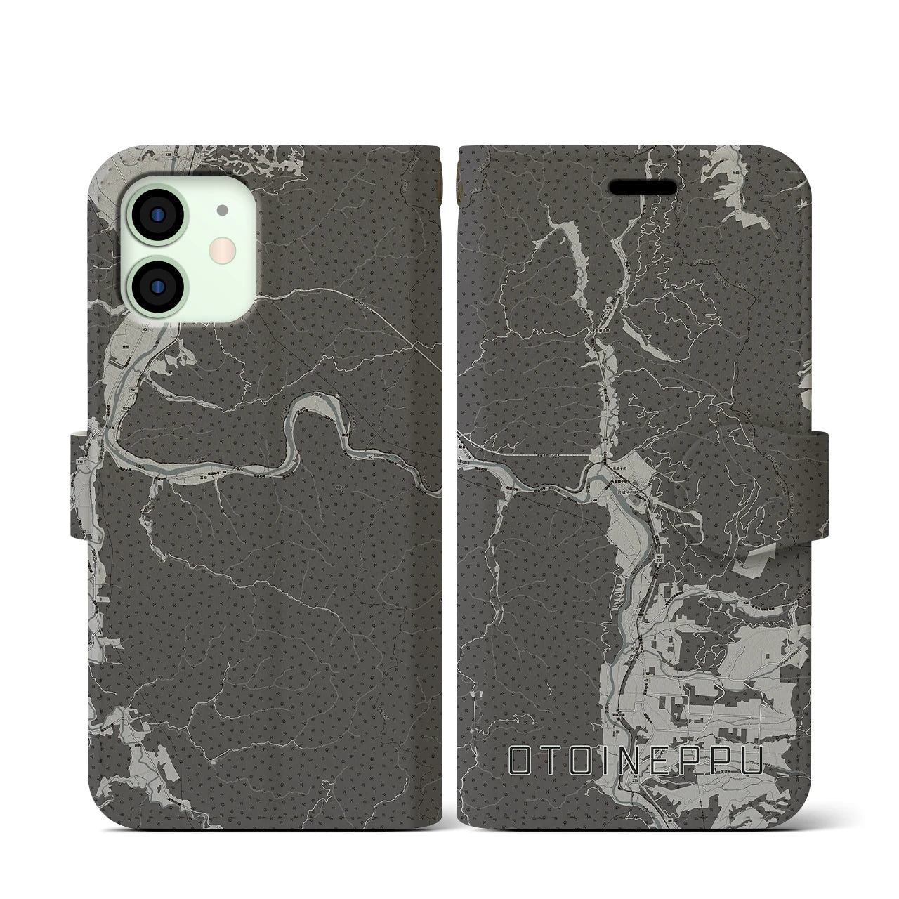 【音威子府(北海道)】地図柄iPhoneケース(手帳タイプ)モノトーン・iPhone 12 mini 用