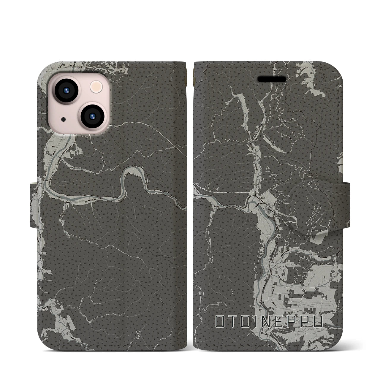 【音威子府(北海道)】地図柄iPhoneケース(手帳タイプ)モノトーン・iPhone 13 mini 用