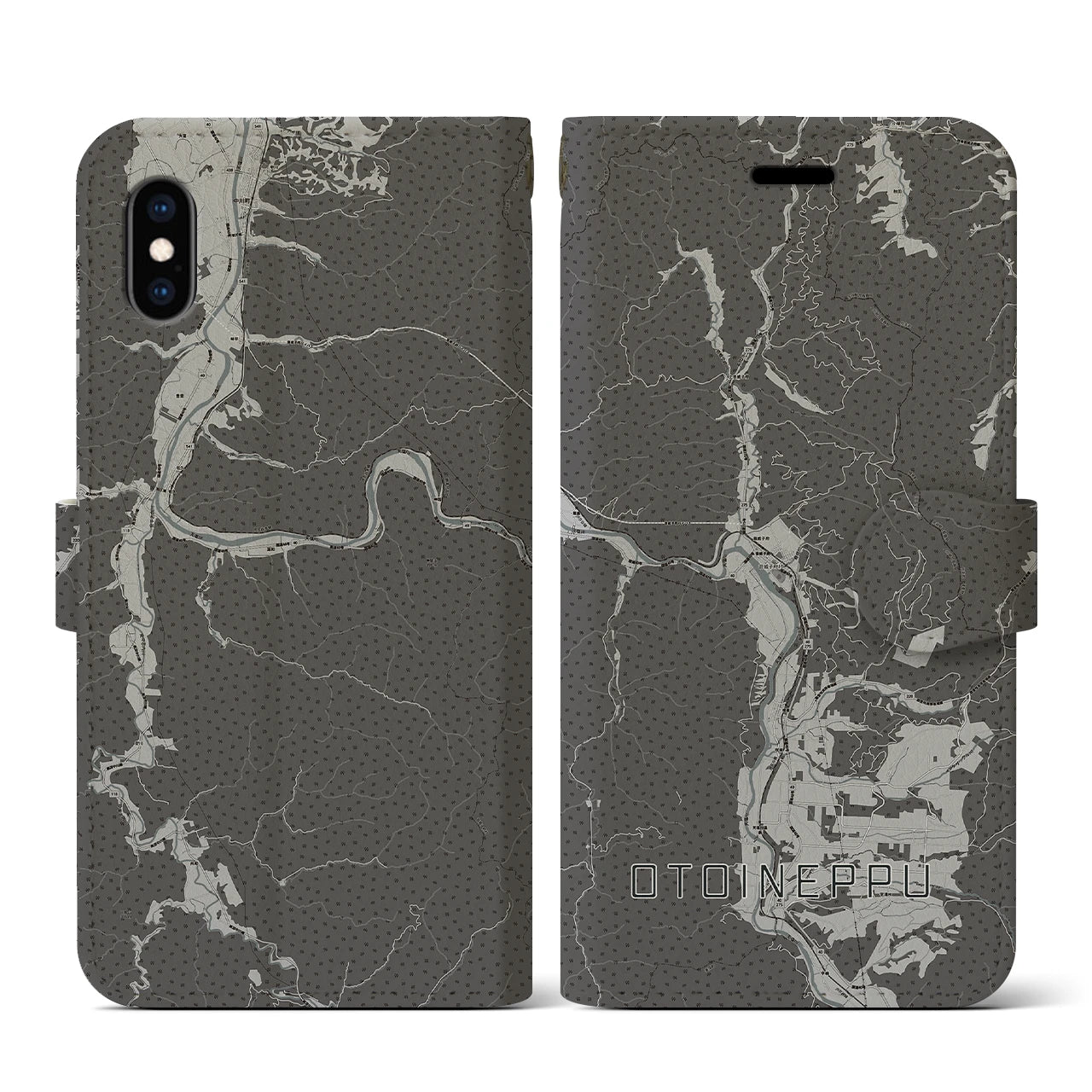 【音威子府(北海道)】地図柄iPhoneケース(手帳タイプ)モノトーン・iPhone XS / X 用