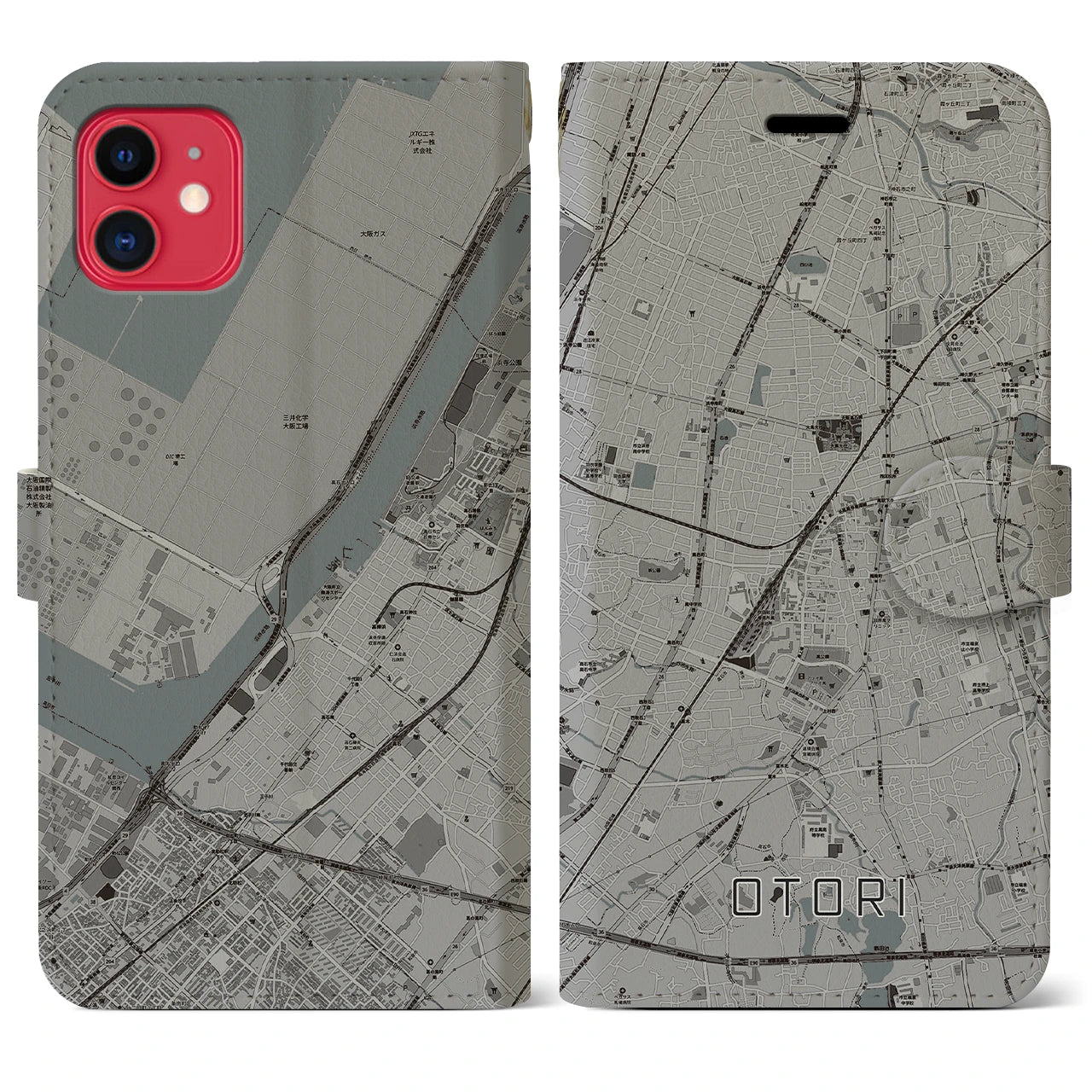 【鳳(大阪府)】地図柄iPhoneケース(手帳タイプ)モノトーン・iPhone 11 用
